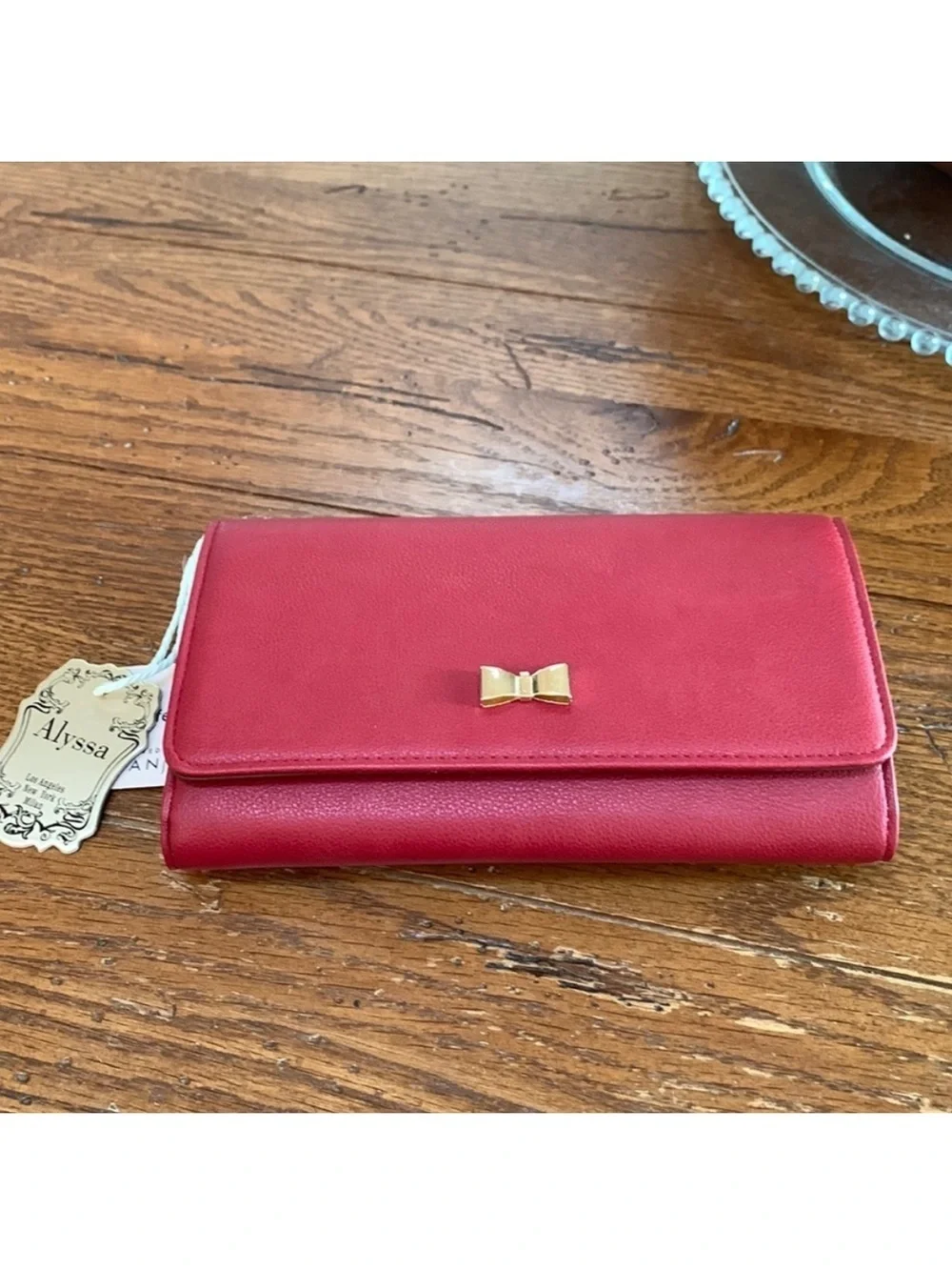 Alyssa Vegan Clutch Wallet Crossbody Bag Wristlet Red Gold Bow Adjustable NWT